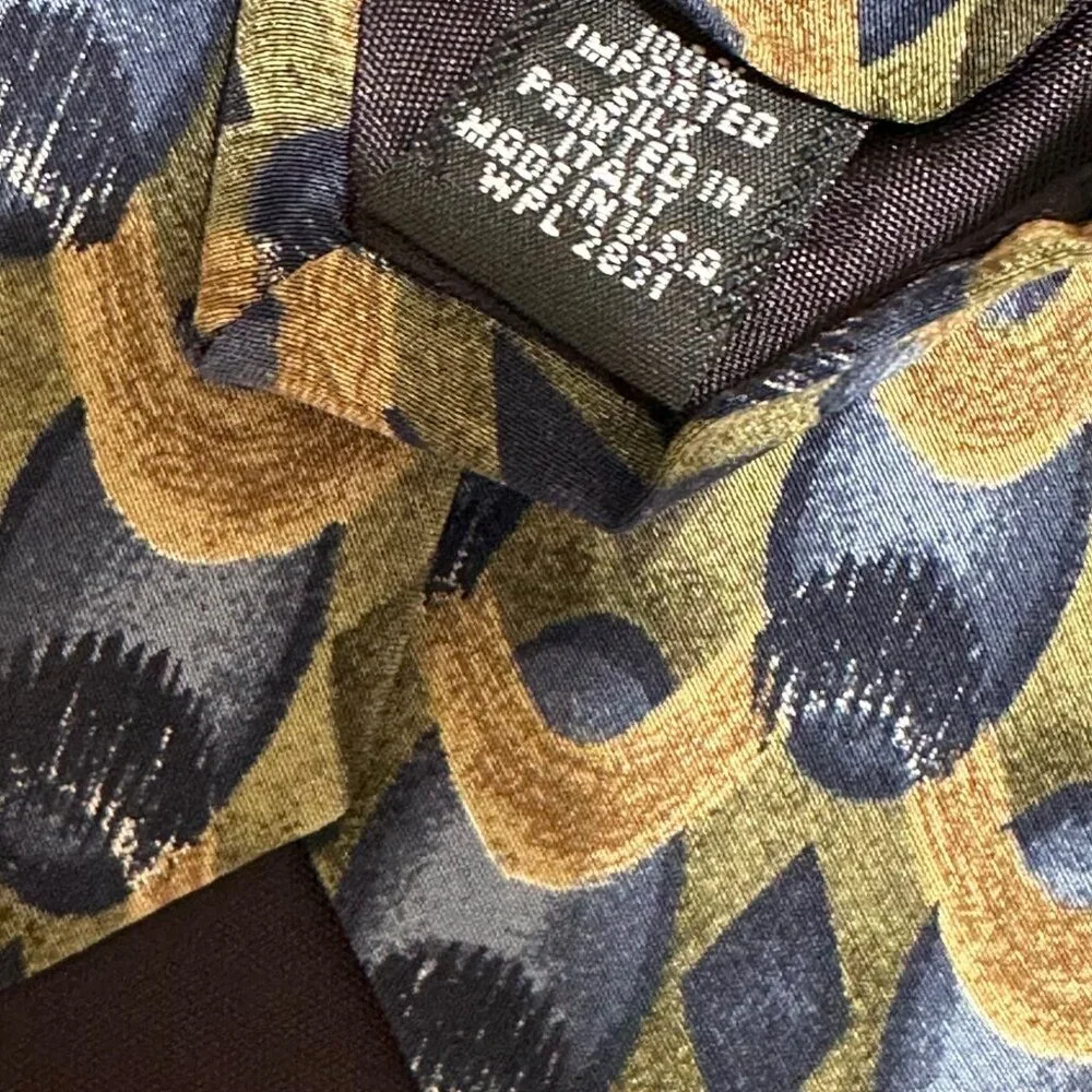 Henry Grethel Mens Silk Tie Green Blue Gold Geometric Italian Fabric Made in USA